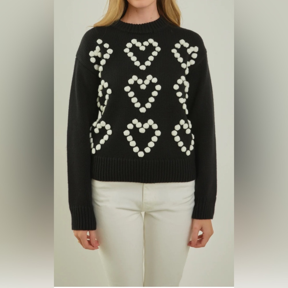 English Factory Woman’s Heart‎ Pom Black Sweater Size Medium NWT